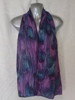 Dina Kohn Handpainted Silk Scarf Abstract Blue Purple Tie-Dye Rectangle
